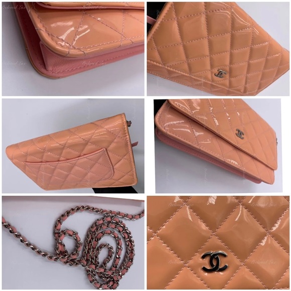 Authentic CHANEL Patent Leather Wallet-on-the-chain WOC Flap Bag Peach / pink - Picture 7 of 12